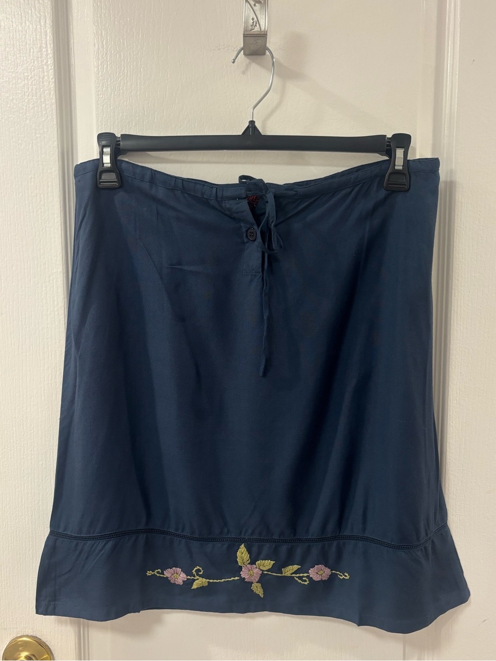 Vintage 90s Funky People Floral Embroidered Navy Blue Midi Skirt Coquette Hippie